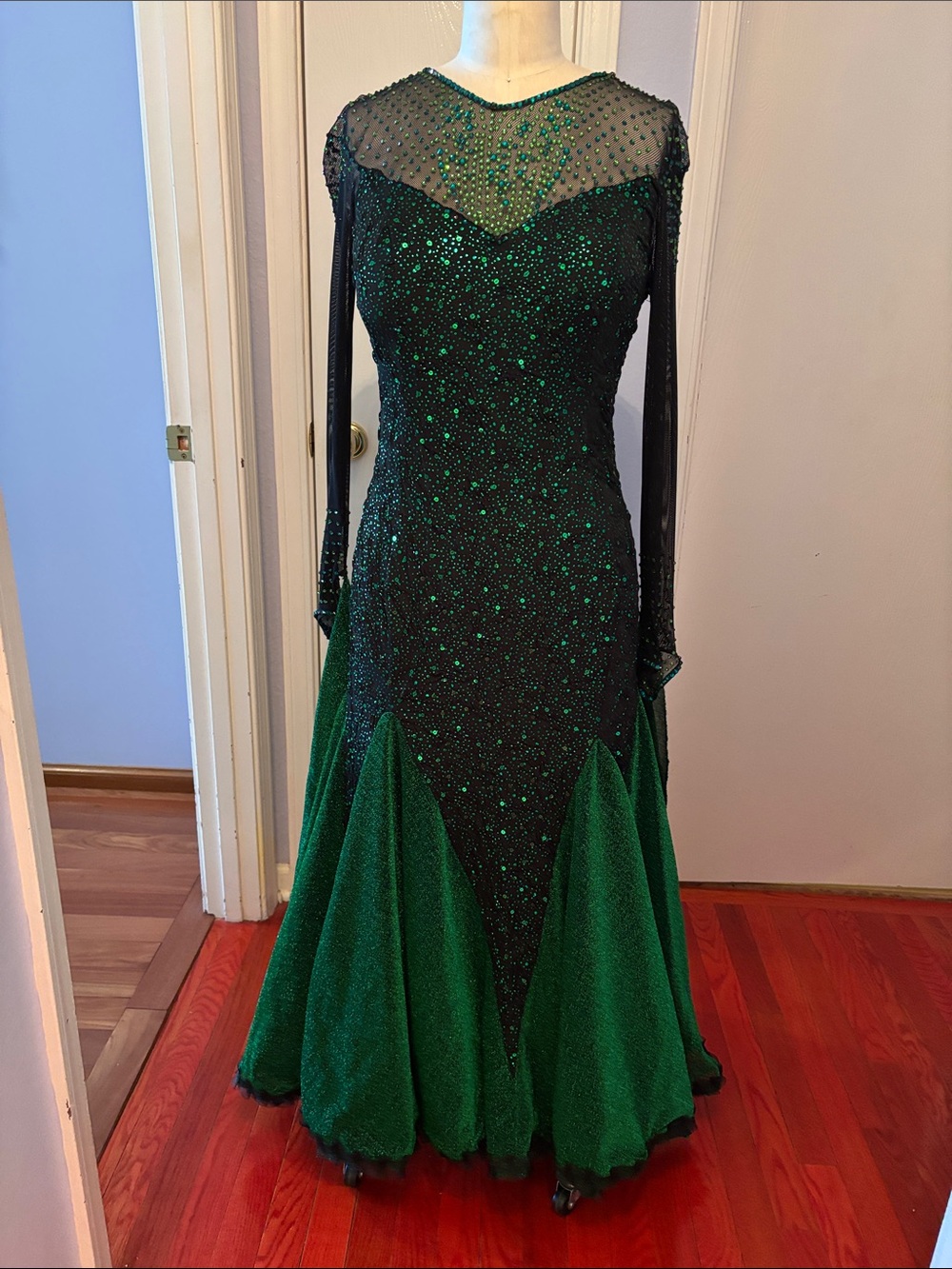 Elegant Green and Black Beaded Ballroom Competition Dress